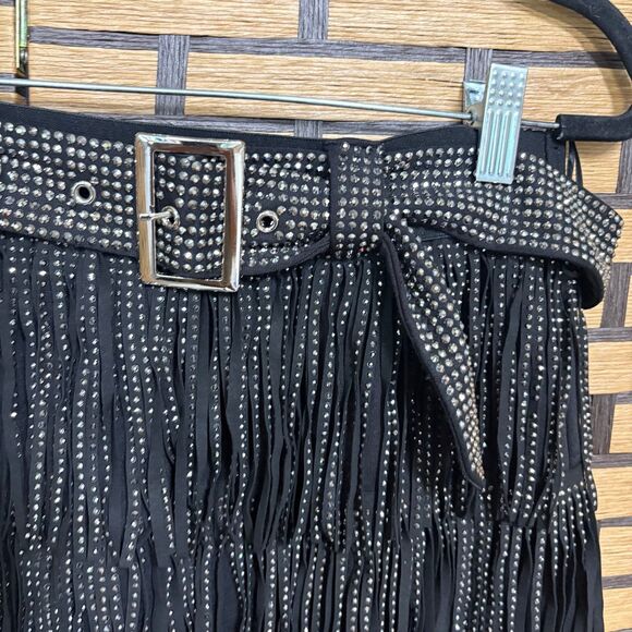 Kiwi Black Fringe Stud Belted Skirt Size Small - Picture 4 of 8